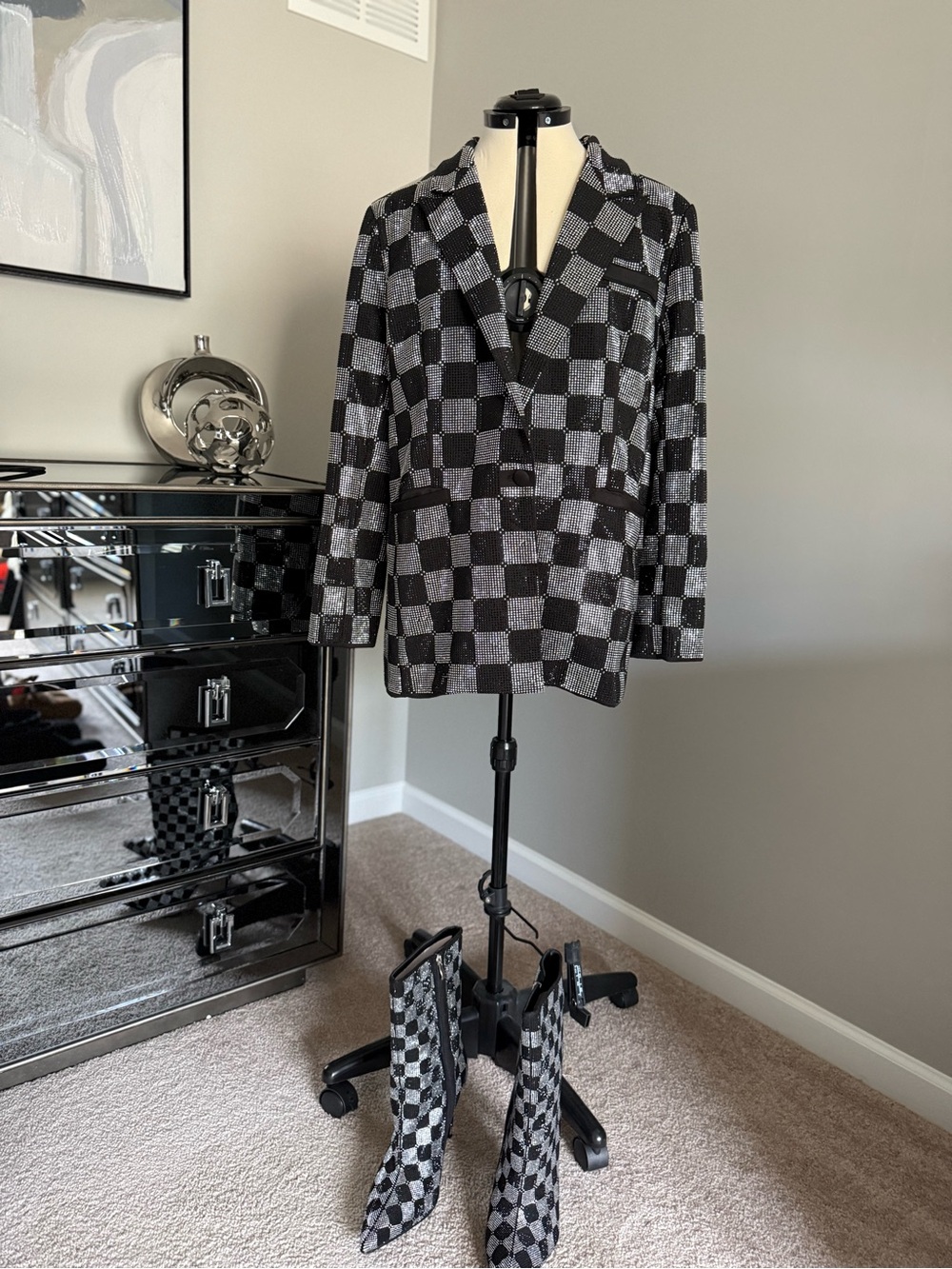Akira Black & Silver Sequin Checkerboard Blazer - Picture 2 of 6